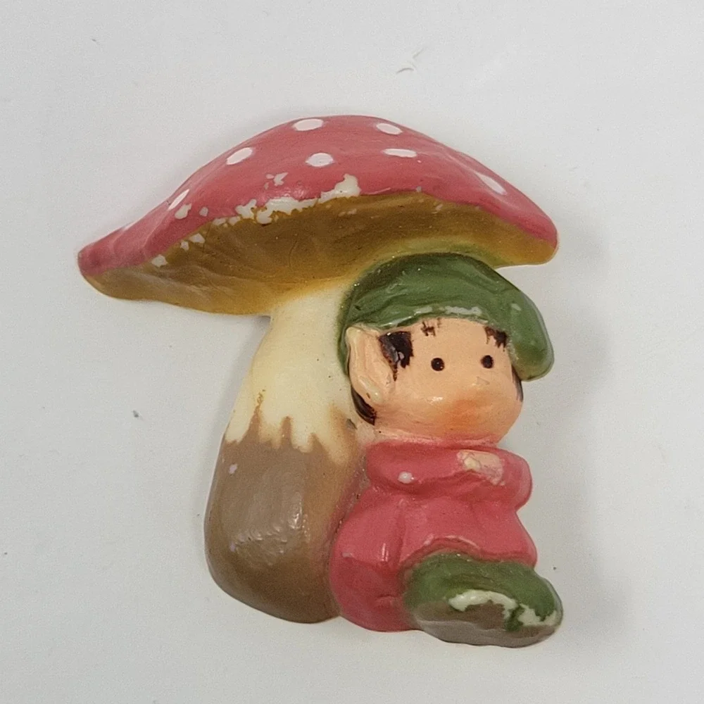 Vintage Mushroom Elf Brooch Red Toadstool Fairy Pixie Pin Whimsical Forest Decor